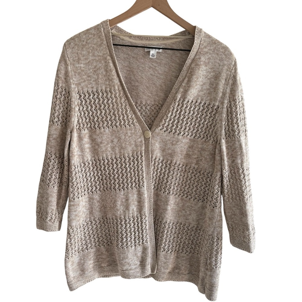 Croft & Barrow Open Knit Cardigan Sweater XL Beige Crochet 3/4 Sleeve Layering